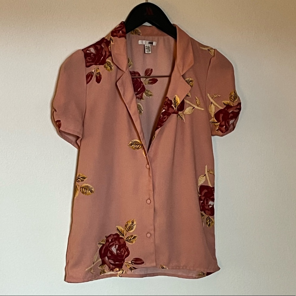 Amuse Society Floral Short Sleeve Button-Up Top